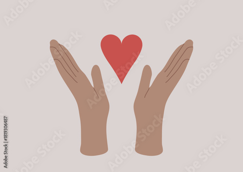Two hands are raised with palms open, holding a bright red heart in the center, conveying a message of love and compassion against a minimalistic background