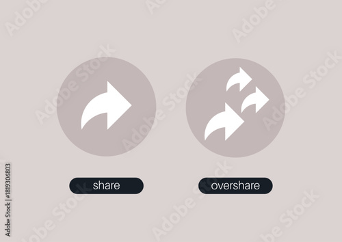 Ironic representation of sharing versus oversharing, featuring two arrows on a soft background, The left shows a simple share icon, while the right illustrates multiple arrows for oversharing