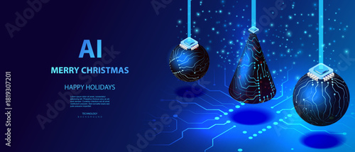 AI Christmas card in technology style with circuit hanging baubles. Isometric futuristic x-mas vector banner.  Happy New Year illustration.