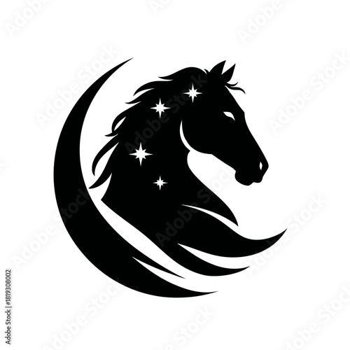 Horse head silhouette with stars and crescent moon