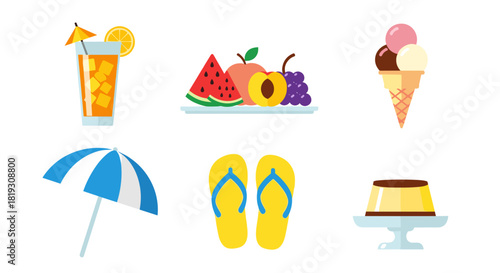 Collection of summer-themed icons including a drink, fruit, ice cream, umbrella, flip-flops, and flan, all in a flat vector style.