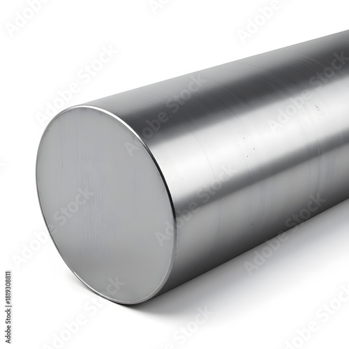 Realistic steel round bar piece showcasing cold metallic reflections, industrial design