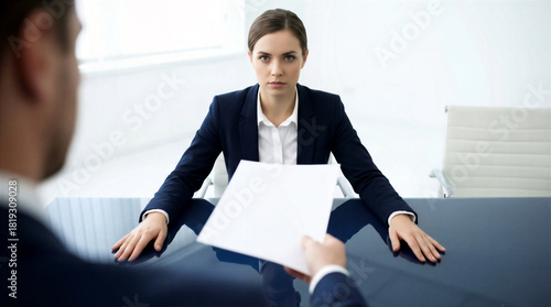 Serious Young Businesswoman Receiving Document From Manager During Formal Office Meeting