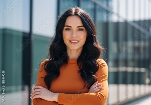 Free Download Confident young businesswoman standing with arms crossed outdoors. Portrait of a smiling female professional in front of a modern corporate glass building - GFXLoad