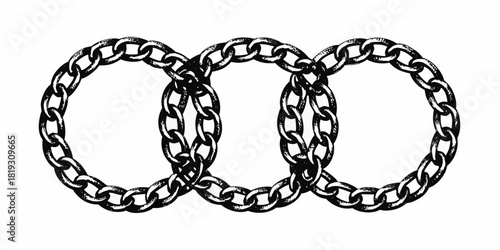 Three interlocking chain circles black and white illustration on white background