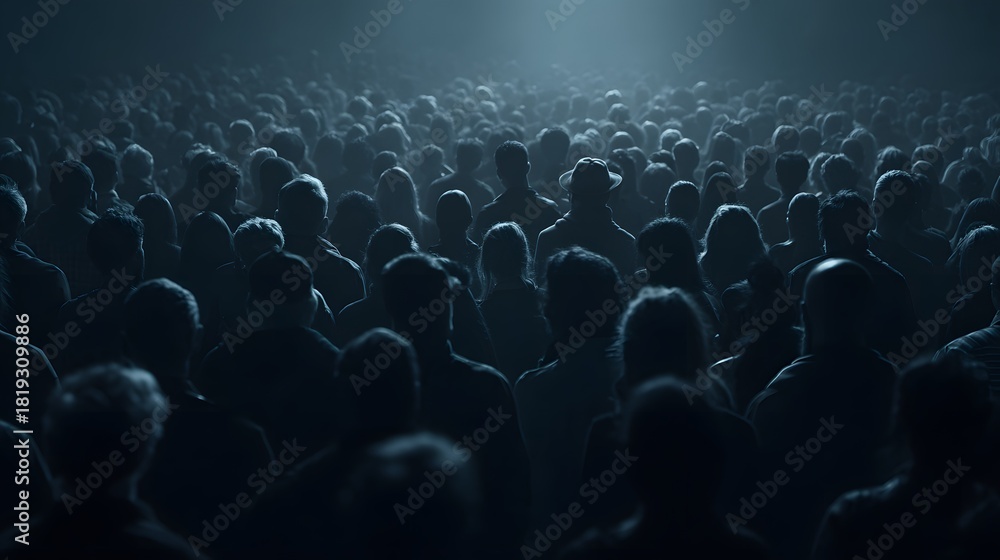 Obraz premium Large Crowd of Silhouetted People in a Dark, Mysterious Setting with a Single Light Source.