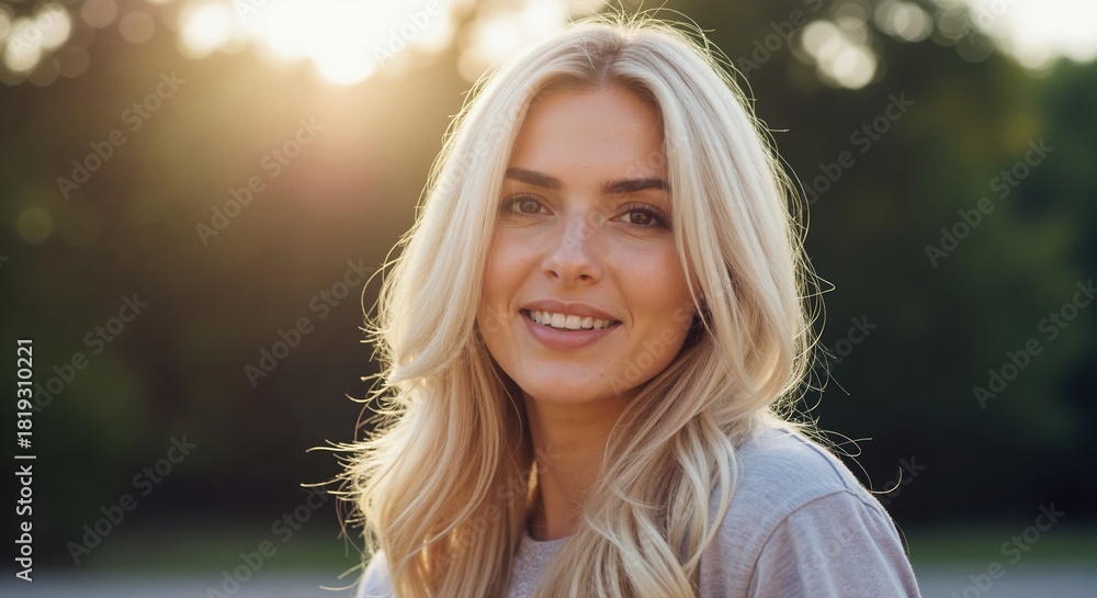 Naklejka premium Portrait of a smiling young blonde woman outdoors at sunset. Happy Caucasian female face close up with golden hour backlight. Natural healthy lifestyle concept