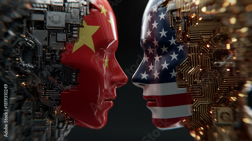 China US AI Competition Tech War Geopolitics Technology Rivalry Artificial Intelligence Superpower Conflict Circuit Board Brain