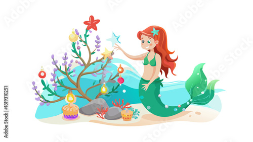 Cartoon Christmas mermaid decorating an underwater coral tree with pearls, shells, and glowing sea lanterns