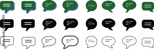 Collection of message bubble icons in green, black and outline styles, modern chat communication symbols for messaging apps and social media design