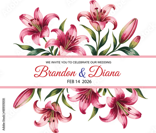 Elegant floral wedding invitation template with pink lily flowers, modern typography, romantic celebration card design, printable botanical marriage announcement layout