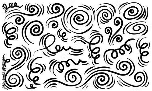 Calligraphic swirl flourish. wedding card decor curls swirles dividers vector set. Black curly thin lines, filigree ornaments collection, handdrawn doodle design element.
