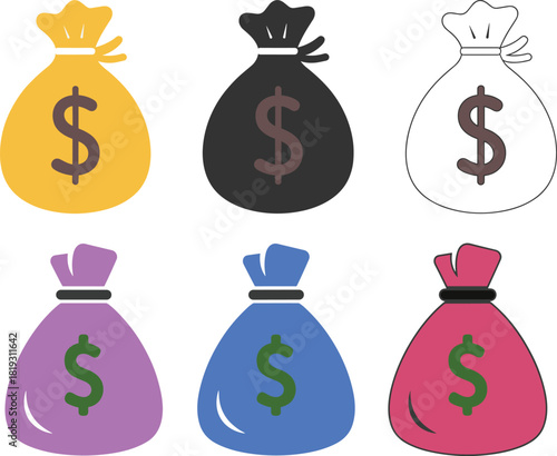 Three money bag icons with dollar symbols in yellow, black and outline style, financial savings budget wealth investment illustration set