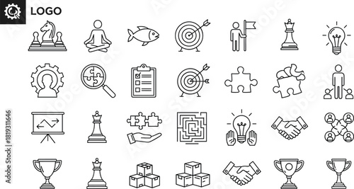 Business strategy icons, chess, puzzle, teamwork symbols, success concepts, outline vector set, management elements, isolated.