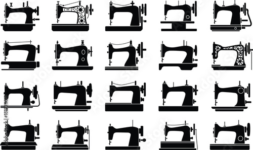 Collection of classic vintage sewing machine silhouettes in multiple styles ideal for tailoring icons, craft design elements, fashion illustration, and textile artwork