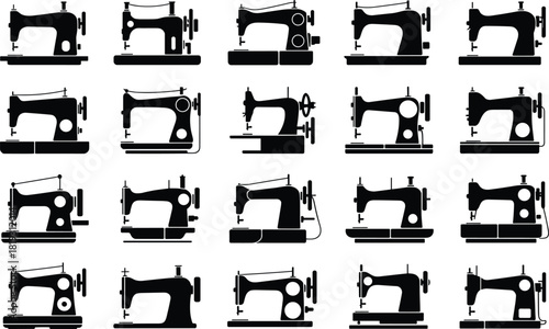 Collection of vintage sewing machine silhouettes in various styles perfect for tailoring design, craft illustrations, pattern artwork, and retro textile themes