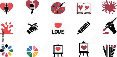 Collection of art and love related icons heart brush