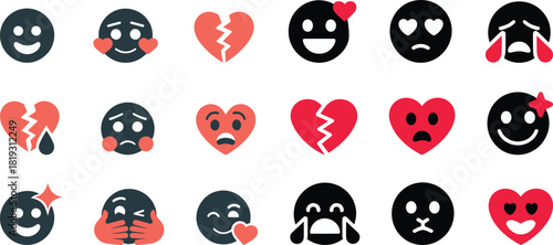 Collection of emoji and broken heart icons in red and dark gray
