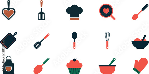 Collection of flat design cooking icons with heart motif