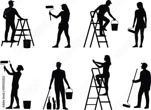 Set of black silhouettes showing house painters men and women working with rollers ladders and buckets for home renovation projects.