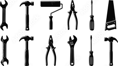 Collection of black silhouette hand tools featuring hammers, wrenches, pliers, screwdriver, saw and paint roller, vector illustration isolated on white background for repair.