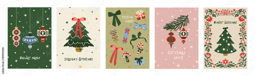 Obraz premium Set of Christmas holiday card. Winter folk art xmas poster background with Christmas tree, ornaments, gifts. Greeting card design template. Vector flat illustration