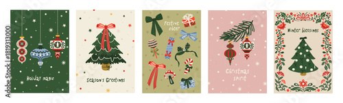 Set of Christmas holiday card. Winter folk art xmas poster background with Christmas tree, ornaments, gifts. Greeting card design template. Vector flat illustration