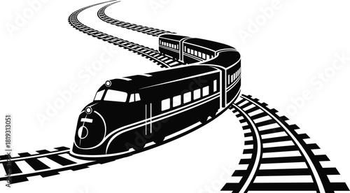 Dynamic black silhouette of high speed passenger train moving on curved railroad tracks, vector illustration isolated on white background for transportation design.