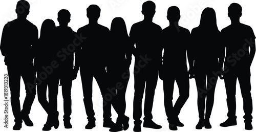 Large group of diverse people standing together, black silhouette vector illustration isolated on white background, for teamwork, community, and social designs.