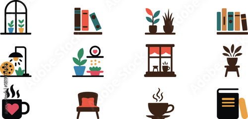 Cozy home icons with plants books and coffee vector