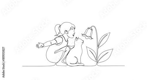 Single continuous line art of a girl and cat admiring a flower with line drawing, simple shapes