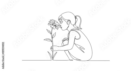 Continuous single line art of a girl smelling a flower, simple illustration - d