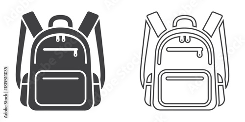 Backpack icon featuring a solid black silhouette and an outline version perfect for school, travel, adventure, education concepts.
