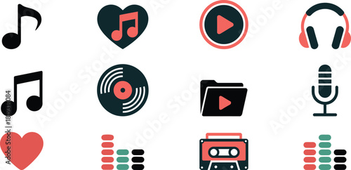 Music icons and symbols in coral teal and black note