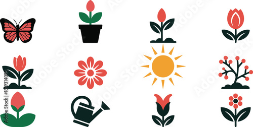 Red and green garden icons butterfly flower sun watering can
