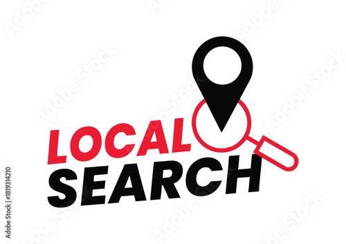 The graphic illustration depicts the concept of local search with a map marker overlaid on a magnifying glass, symbolizing finding nearby places.