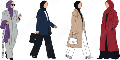 Modest fashion illustration, hijab outfits, professional women, long coats, stylish attire, cultural diversity, modern clothing, elegant look, fashion identity