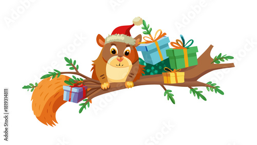 Cartoon squirrel hiding tiny Christmas gifts inside tree branches as surprise presents for forest friends