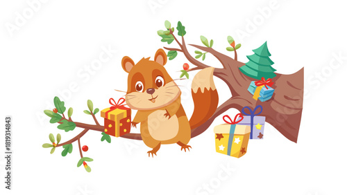 Cartoon squirrel hiding tiny Christmas gifts inside tree branches as surprise presents for forest friends