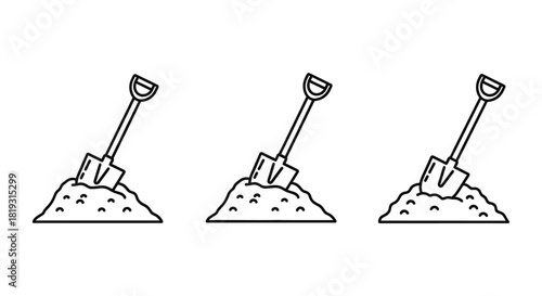 Three shovels stuck in piles of earth simple line drawing illustration