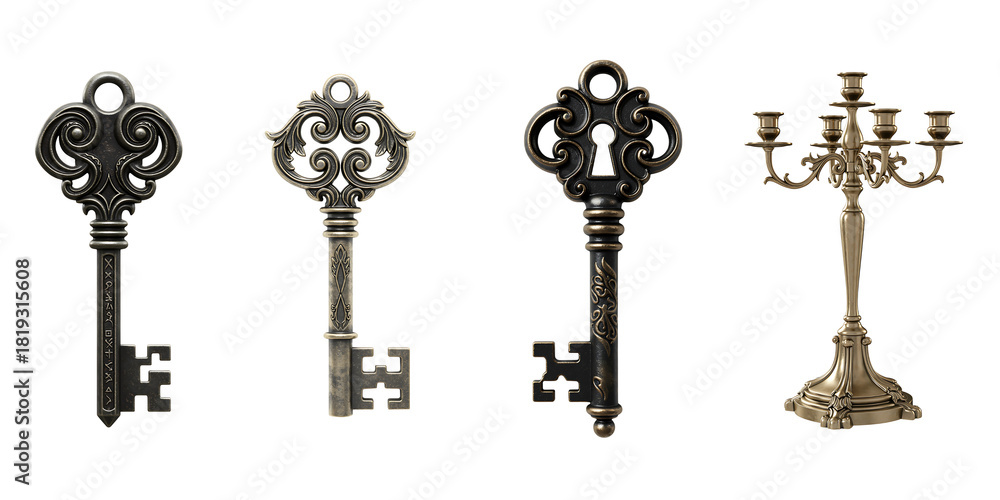 © Mdmostafijor - Antique ornate keys and candelabra on a black background © Mdmostafijor - Antique ornate keys and candelabra on a black background