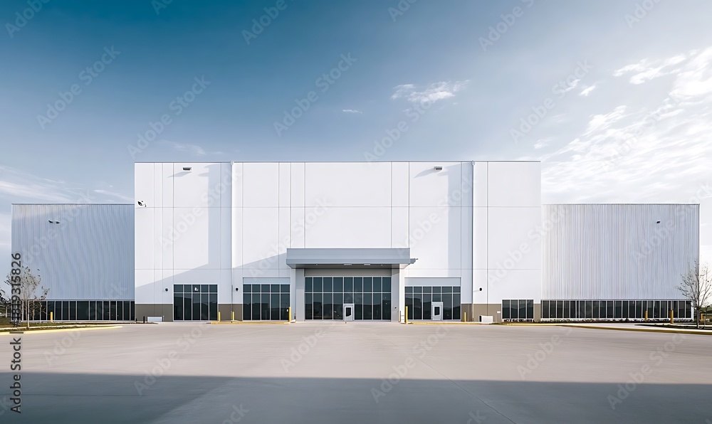 Obraz premium Modern warehouse exterior against clear blue sky showcasing industrial architecture