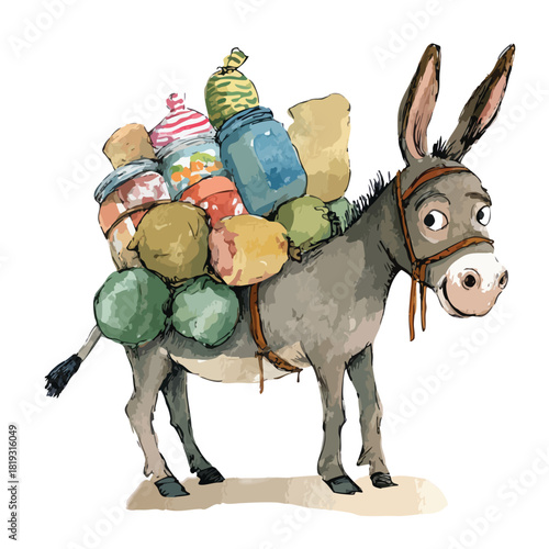 Cartoon Donkey Carrying Heavy Load Illustration.