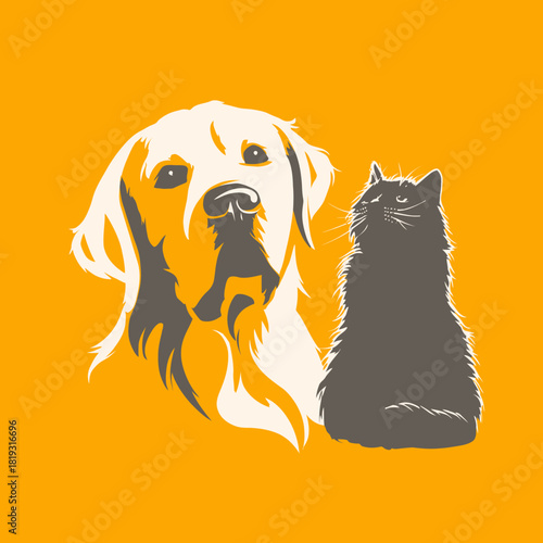 Golden Retriever dog and black cat vector illustration. Pet friendship and animal companionship graphic on vibrant orange background, looking up.