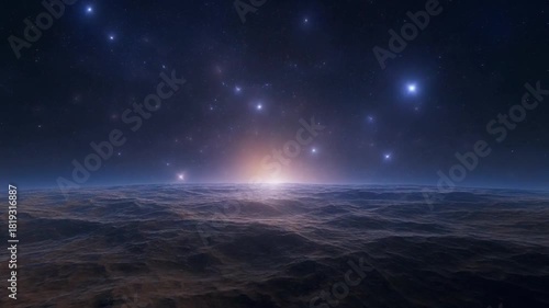 Distant celestial light breaking over dark, turbulent ocean waves under a starry expanse