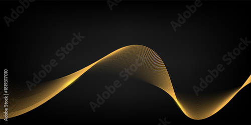 Abstract luxury with shining gold lines waves on black background. Futuristic background of flowing gold lines for banner, poster, cover, brochure, flyer, website