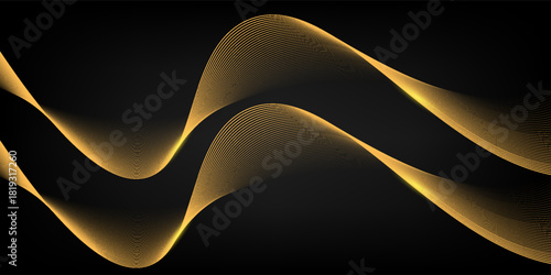 Abstract luxury with shining gold lines waves on black background. Futuristic background of flowing gold lines for banner, poster, cover, brochure, flyer, website