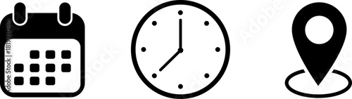 Essential icon set for time, date, and location; calendar design; black and white clock and map markers; universal graphics for event and scheduling interfaces