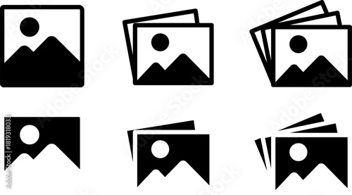 Image and gallery icon sets, black silhouette concept of photo albums and digital image storage, essential for multimedia interface elements