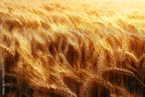 A golden field of wheat swaying gently in the breeze, illuminated by the warm glow of the setting sun, creating a serene and tranquil atmosphere.